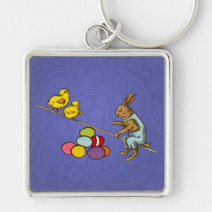Easter Bunny chickens eggs illustration Keychain
