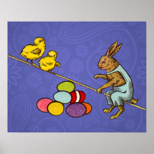 Easter Bunny chickens eggs illustration Poster