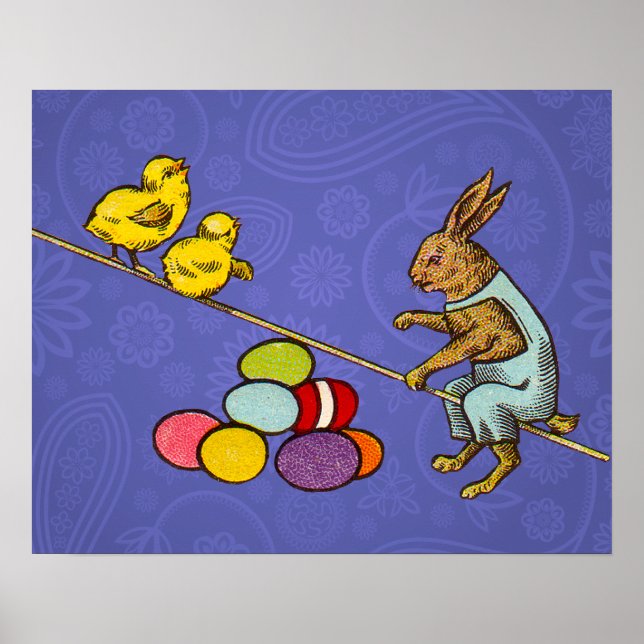 Easter Bunny chickens eggs illustration Poster (Front)
