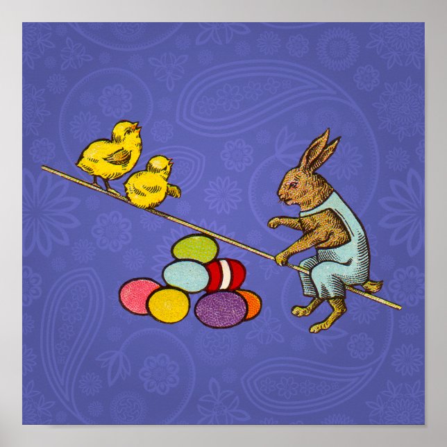 Easter Bunny chickens eggs illustration Poster (Front)