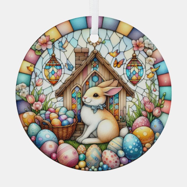 Easter Bunny Church Eggs Stained Glass Flowers Glass Ornament (Back)