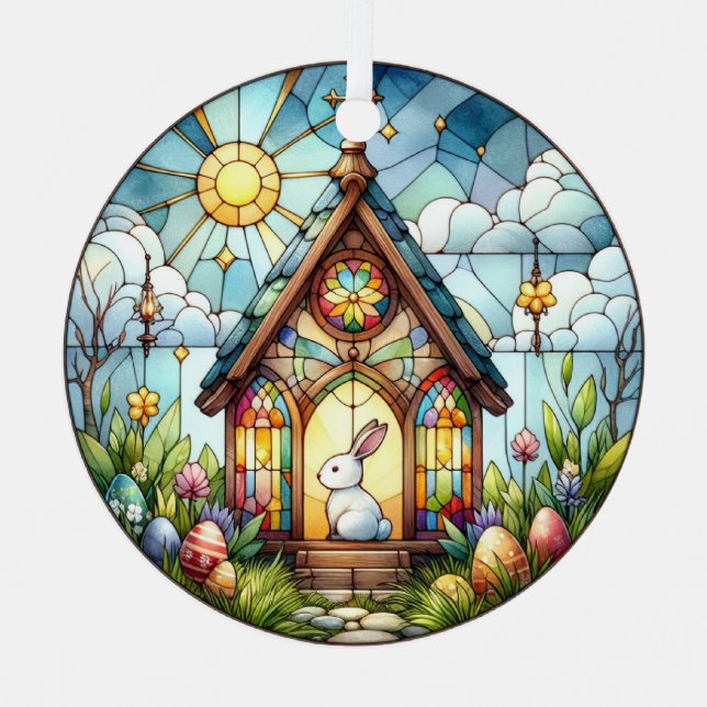 Easter Bunny Church Eggs Stained Glass Flowers Metal Ornament (Front)