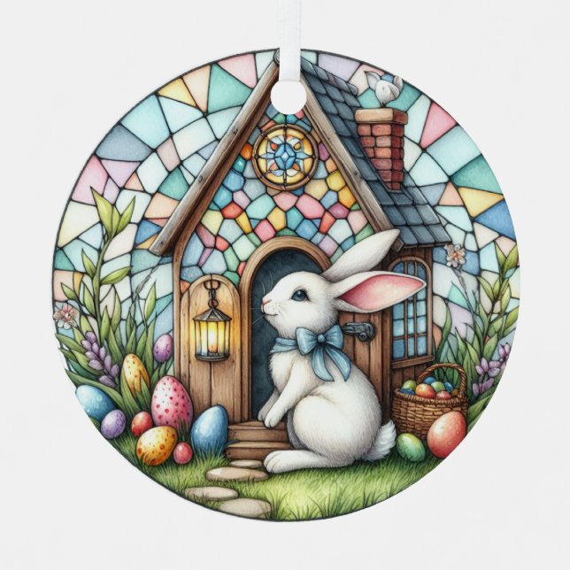 Easter Bunny Church Eggs Stained Glass Flowers Metal Ornament (Front)