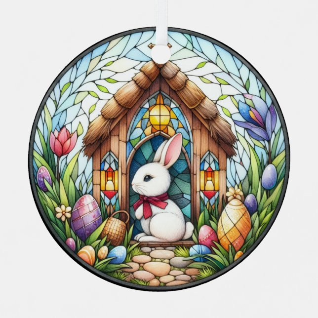 Easter Bunny Church Eggs Stained Glass Flowers Metal Ornament (Front)