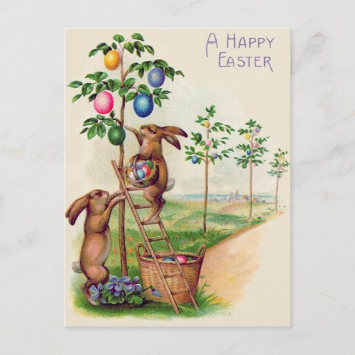 Easter Bunny Colored Egg Tree Holiday Postcard