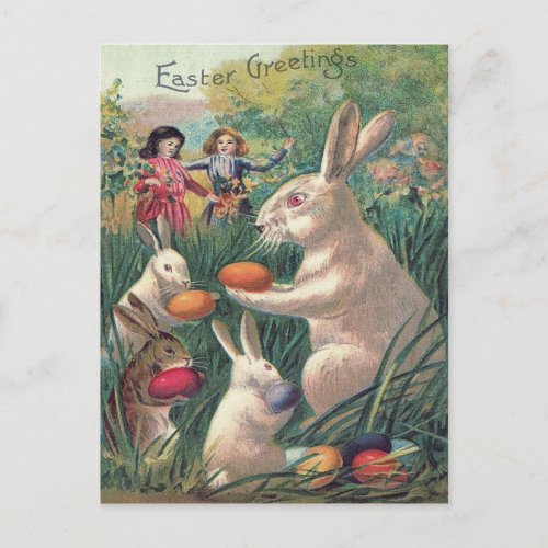 Easter Bunny Colored Egg Victorian Women Holiday Postcard