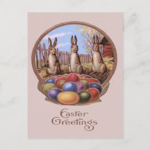 Easter Bunny Colored Eggs Farm Holiday Postcard