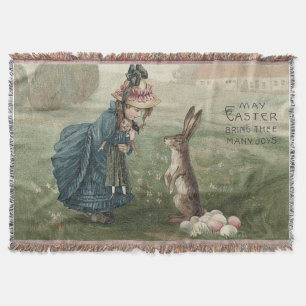 Easter Bunny Colored Eggs Girl Doll Landscape Throw Blanket