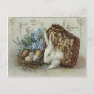 Easter Bunny Colored Painted Egg Basket Forget Me Holiday Postcard