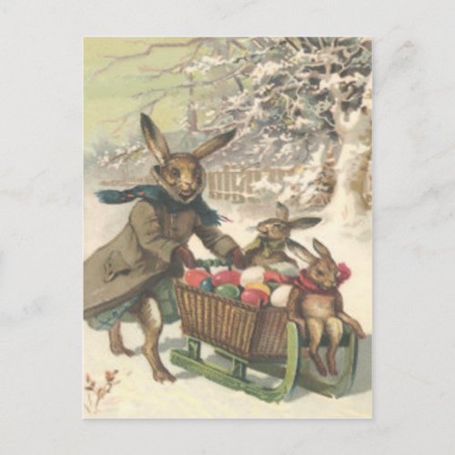 Easter Bunny Colored Painted Egg Sled Snow Holiday Postcard