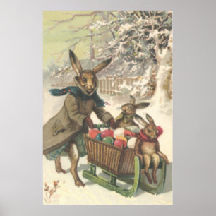 Easter Bunny Colored Painted Egg Sled Snow Poster