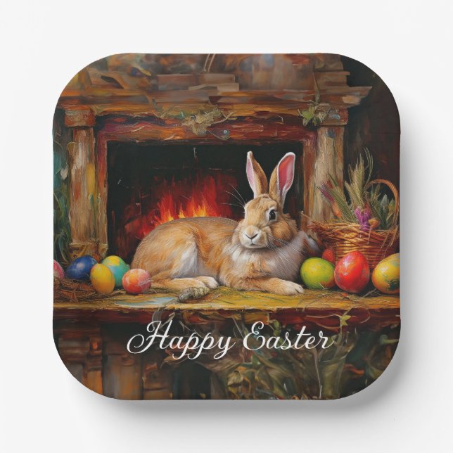 Easter Bunny Colorful Easter eggs Happy Easter Paper Plates (Front)