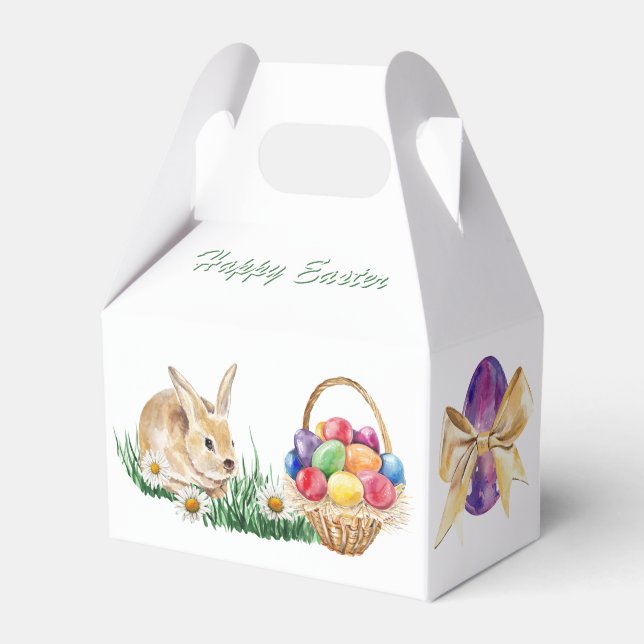 Easter bunny, colorful eggs and daisy favor boxes (Front Side)