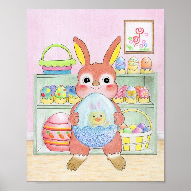 Easter Bunny Colorful Eggs Cute Kids Poster (Front)
