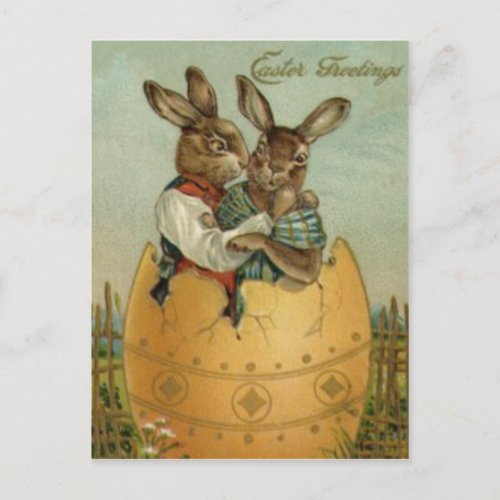 Easter Bunny Couple Colored Painted Egg Flower Holiday Postcard