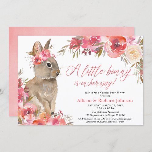 Easter bunny couples baby shower pink floral invitation
