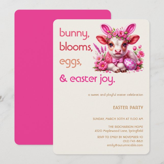 Easter Bunny Cow Invitation | Kid easter party (Front/Back)