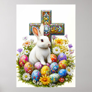 Easter Bunny Cross religious Art Poster