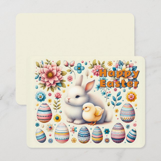 Easter Bunny cute Chick Eggs Flowers Pattern -  Holiday Card (Front/Back)