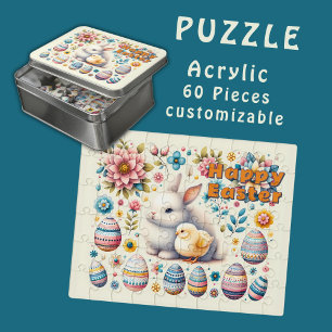 Easter Bunny cute Chick Eggs Flowers Pattern - Jigsaw Puzzle