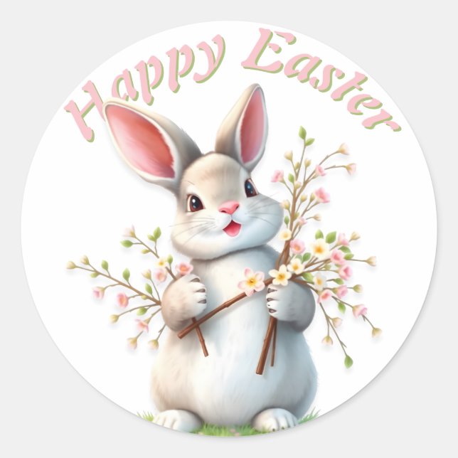 Easter Bunny Cute Floral Happy Easter  Classic Round Sticker (Front)