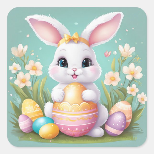 Easter Bunny Cute Floral Sticker in Spring Colors (Front)