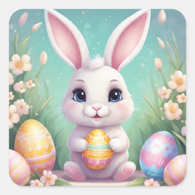 Easter Bunny Cute Floral Sticker in Spring Colors (Front)