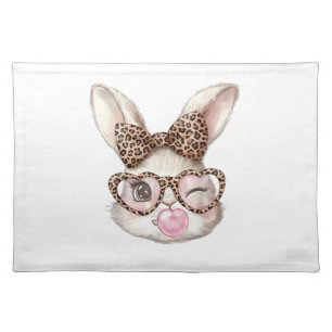 Easter Bunny Cute Glasses Leopard Bunny Rabbit Eas Cloth Placemat