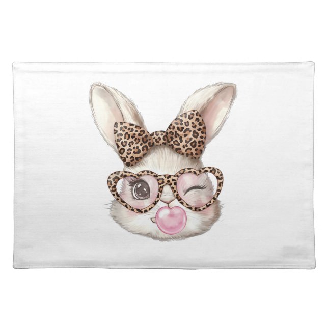 Easter Bunny Cute Glasses Leopard Bunny Rabbit Eas Cloth Placemat (Front)