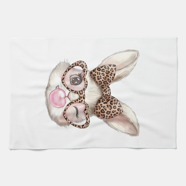Easter Bunny Cute Glasses Leopard Bunny Rabbit Eas Kitchen Towel (Horizontal)