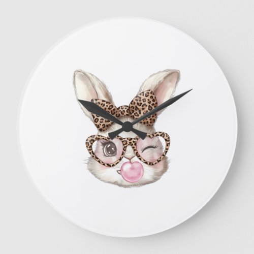 Easter Bunny Cute Glasses Leopard Bunny Rabbit Eas Large Clock