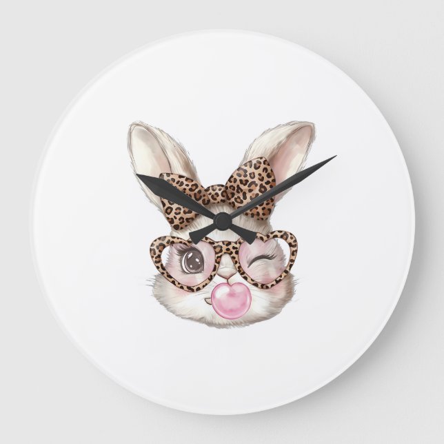 Easter Bunny Cute Glasses Leopard Bunny Rabbit Eas Large Clock (Front)