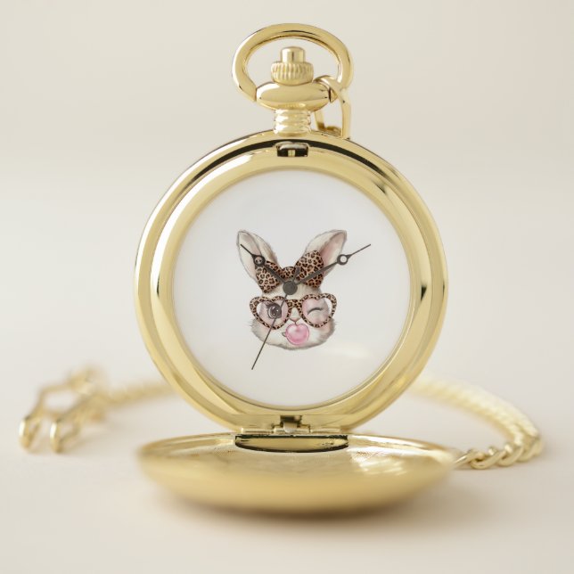 Easter Bunny Cute Glasses Leopard Bunny Rabbit Eas Pocket Watch (Inside)