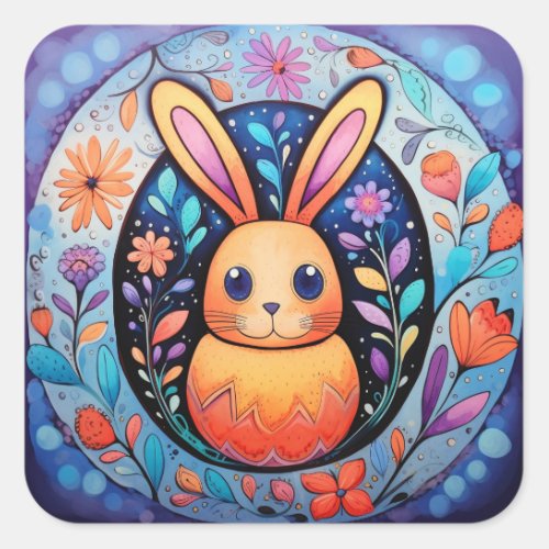 Easter Bunny Cute Spring Flowers Square Sticker