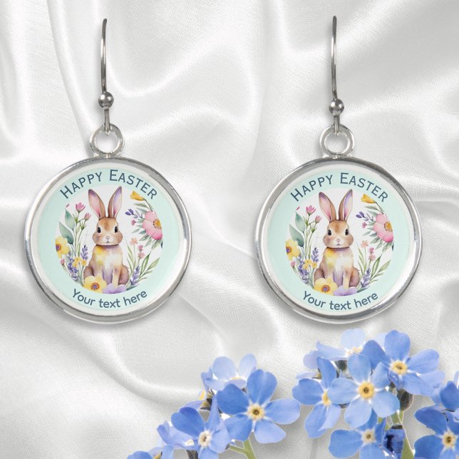 Easter Bunny Cute Watercolor Floral Personalized Earrings (A cute pair of Easter bunny picture earrings, with Happy Easter words and personalized name)