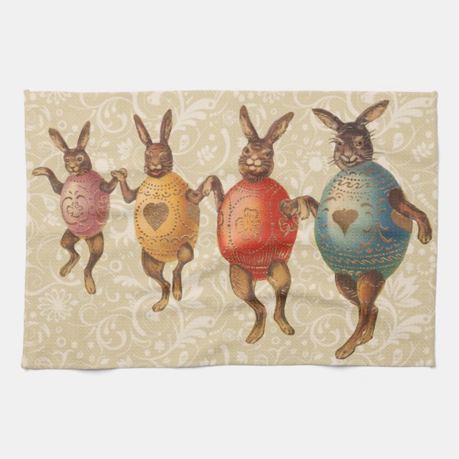 Easter Bunny Dancing Eggs Kitchen Towel (Horizontal)