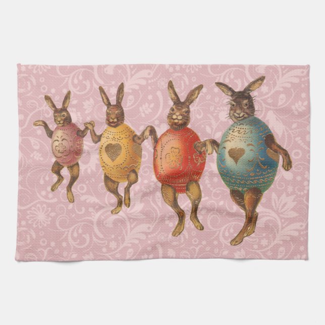 Easter Bunny Dancing Eggs Kitchen Towel (Horizontal)