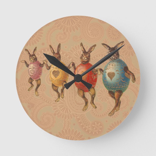 Easter Bunny Dancing Eggs Round Clock (Front)