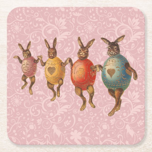 Easter Bunny Dancing Eggs Square Paper Coaster (Front)