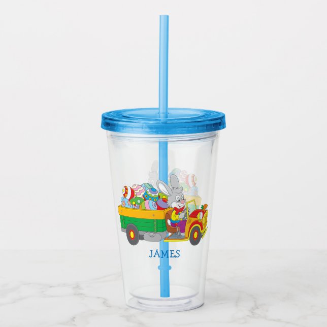Easter Bunny Delivery Truck Personalized Name Acrylic Tumbler (Front)
