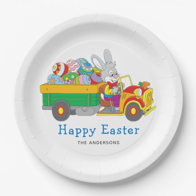 Easter Bunny Delivery Truck Personalized Name Paper Plates (Front)