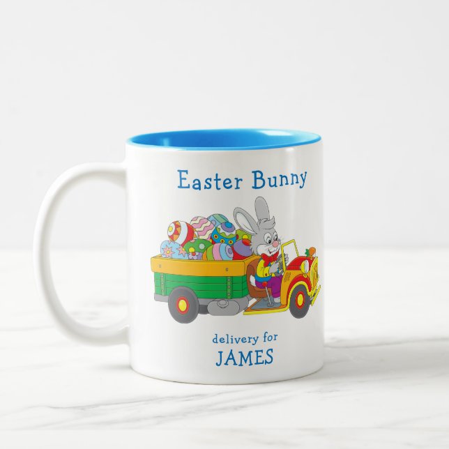 Easter Bunny Delivery Truck Personalized Name Two-Tone Coffee Mug (Left)