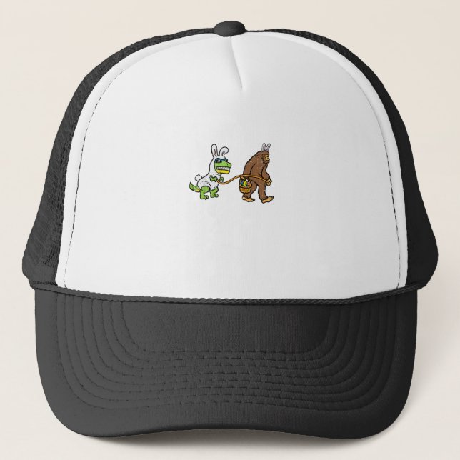 Easter Bunny Dino Bigfoot Sasquatch Trex Men Boys  Trucker Hat (Front)