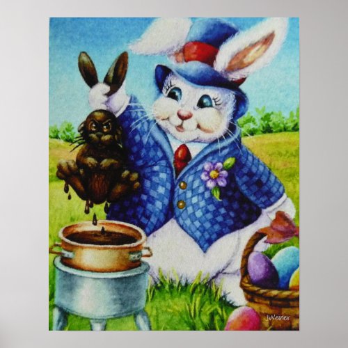 Easter Bunny Dips Rabbit in Chocolate Art 16x20 Poster