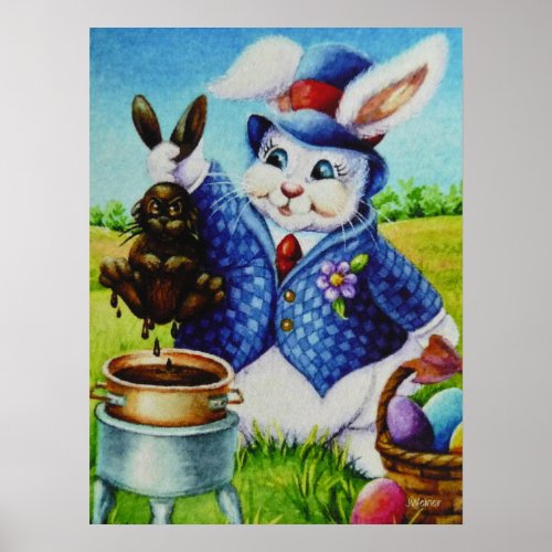 Easter Bunny Dips Rabbit in Chocolate Art 18x24 Poster