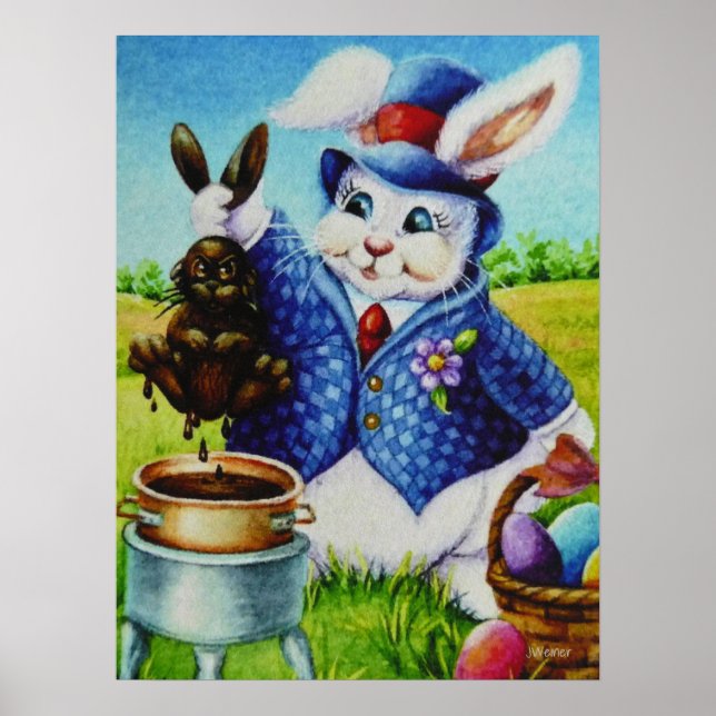 Easter Bunny Dips Rabbit in Chocolate Art 18x24 Poster (Front)