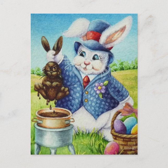 Easter Bunny Dips Rabbit in Chocolate Watercolor Postcard (Front)
