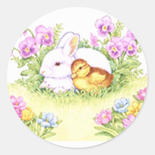 Easter Bunny Duckling and Flowers Classic Round Sticker