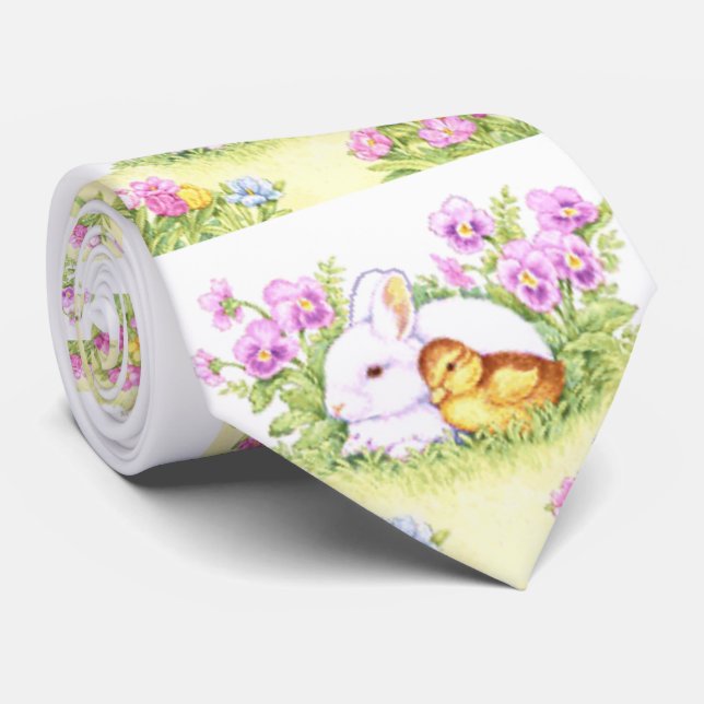 Easter Bunny, Duckling and Flowers Neck Tie (Rolled)