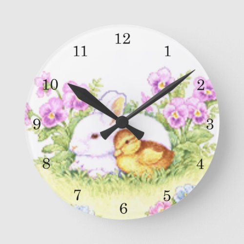 Easter Bunny Duckling and Flowers Round Clock